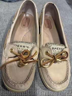 Sperry Women's Beige Leather Moccasin Boat Shoes with Gold Eyelets